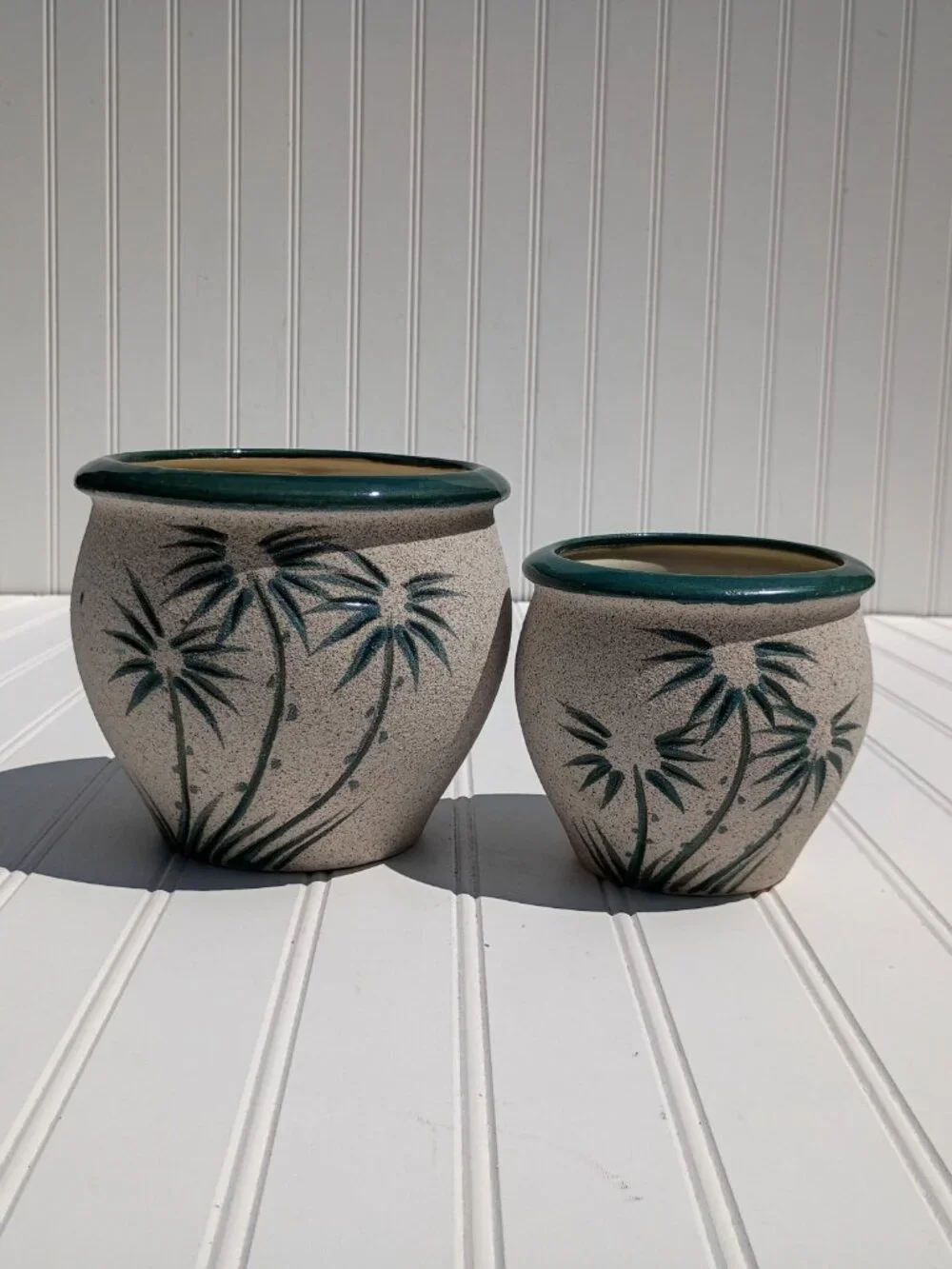 Vintage Pair of Pottery Planters Palm Tree Sandstone Glazed Ceramic Flower Pots